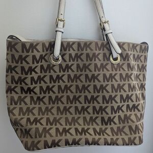 Michael Kors Logo Gold Cream Brown Jet Set Purse Medium Tote